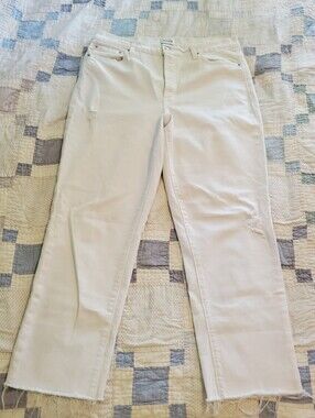 Pistola 32 White Straight Leg Jeans Raw Hem 34x28 Distressed Stretch Button Fly